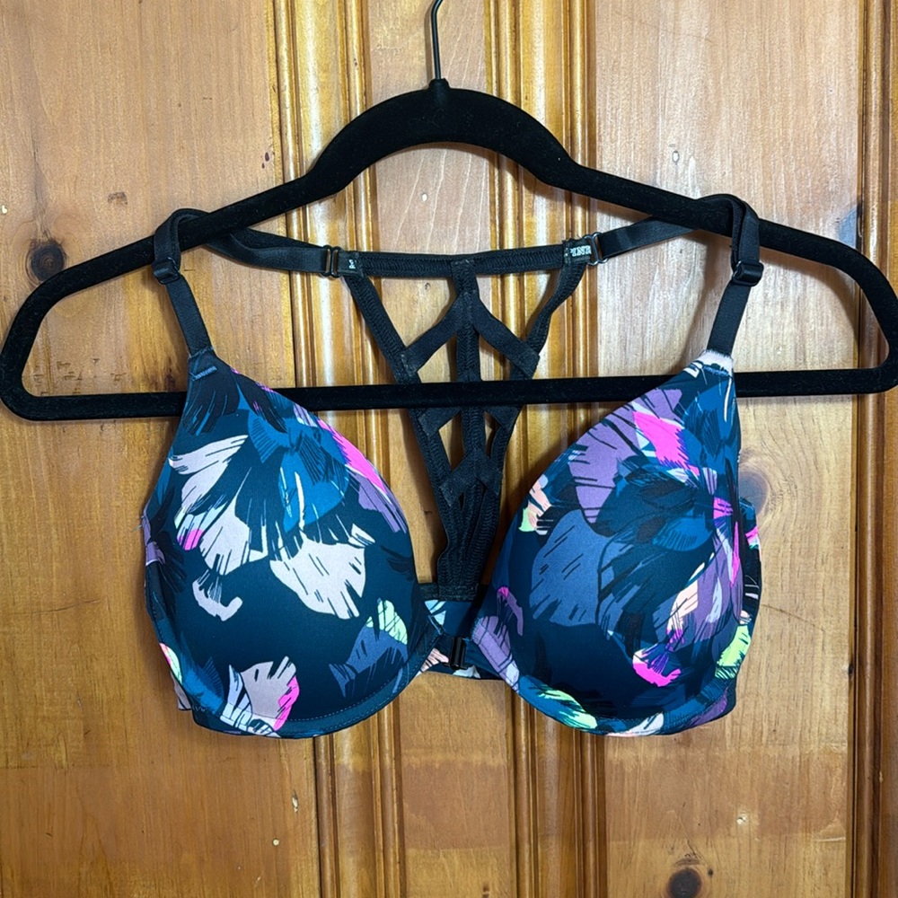 Victorias Secret PINK Floral PushUp Bra Front Clip Racer Back Adjustable 34D